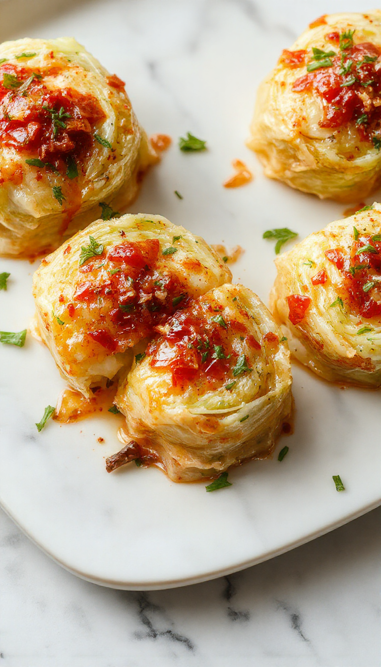 A vibrant plate of cabbage rolls with golden-brown tops, arranged neatly on a rustic wooden table. The cabbage rolls are sliced open slightly to reveal a savory filling, garnished with fresh herbs. The background features a bowl of extra filling and a knife, with a soft-focus cozy kitchen setting.