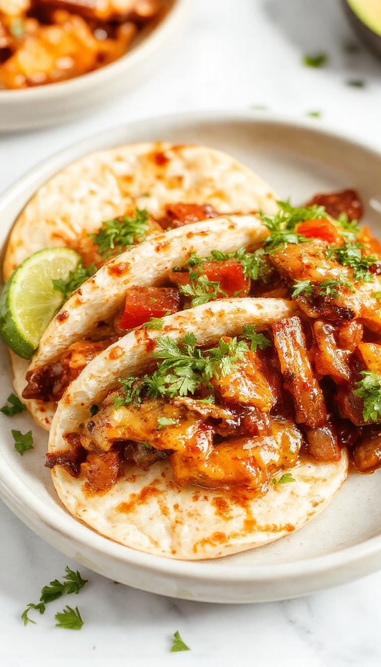 Colorful crockpot fajitas displayed in a rustic serving dish, vibrant bell peppers, juicy sliced chicken, and melting cheese garnished with fresh cilantro, all set against a cozy kitchen background with warm lighting.