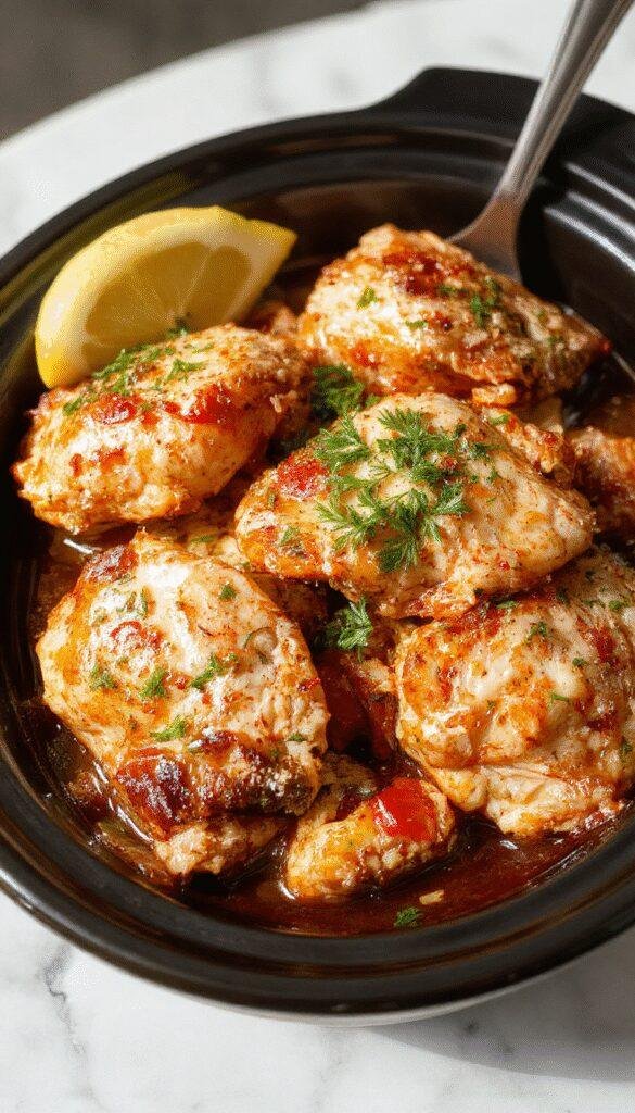 A hearty serving of crockpot marry me chicken plated on a rustic white dish, topped with a rich creamy sauce and garnished with fresh herbs, surrounded by lemon wedges and crispy bread slices on a dark wooden table