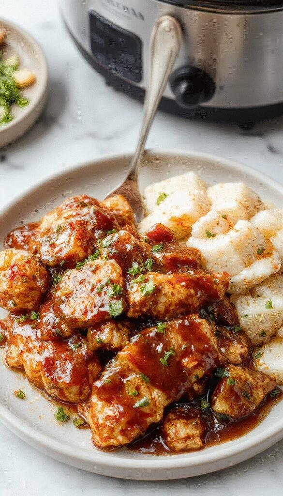 A plate featuring tender shredded chicken glazed with glossy, dark teriyaki sauce, garnished with green onions and sesame seeds, arranged neatly on a modern white plate with a side of steamed rice, set on a rustic wooden table with chopsticks nearby