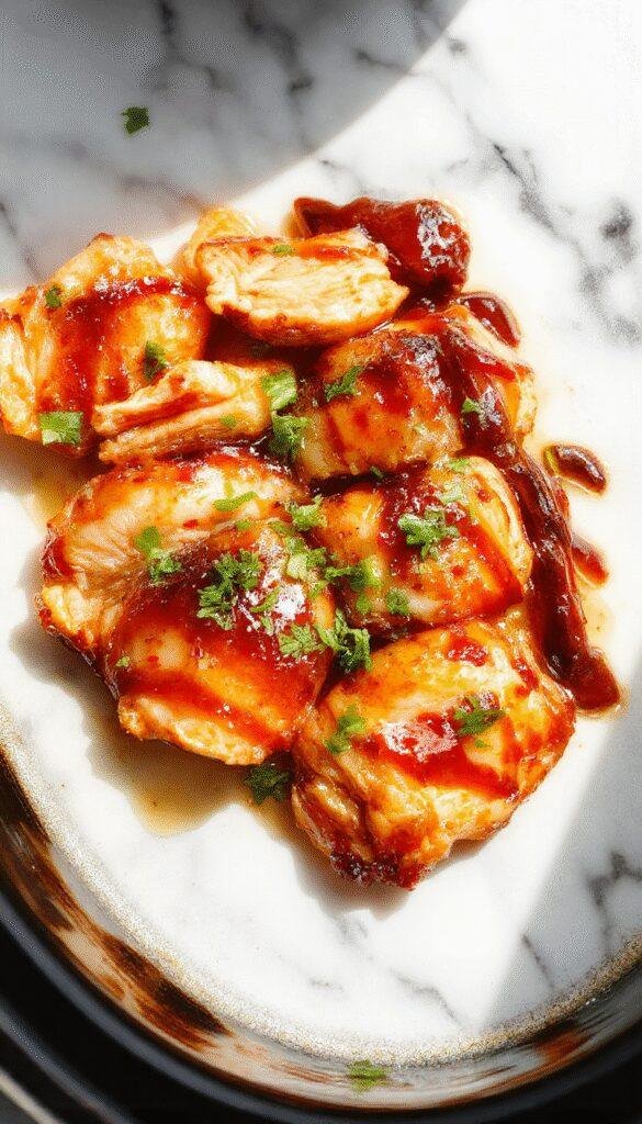 Colorful bowl of shredded teriyaki chicken glazed in shiny, caramelized sauce, garnished with green scallions, served on a white plate with a glossy finish, with a blurred background of a cozy kitchen setting.