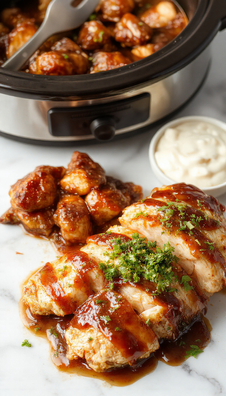 A close-up image of tender shredded crockpot teriyaki chicken glazed with shiny, caramelized sauce, served on a white plate garnished with green onions and sesame seeds, with vibrant cooked vegetables in the background.