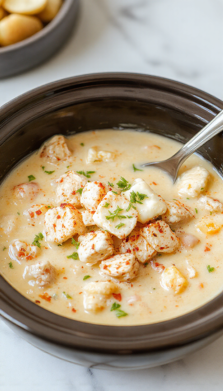 A steaming bowl of white chicken chili garnished with fresh cilantro and shredded cheese, served in a rustic white bowl on a wooden table, with visible chunks of chicken, beans, and creamy sauce, topped with a dollop of sour cream.