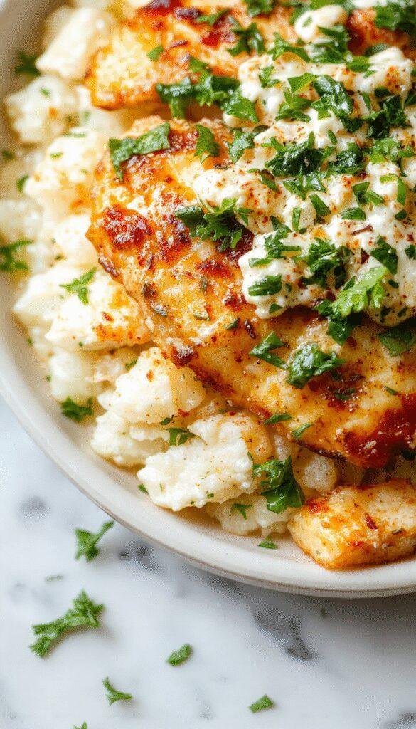 A vibrant plate featuring fluffy white rice topped with sliced baked chicken, drizzled with creamy tzatziki sauce, garnished with fresh herbs and cucumber slices, all served on a white plate with colorful vegetables in the background, creating a fresh, inviting Mediterranean presentation.