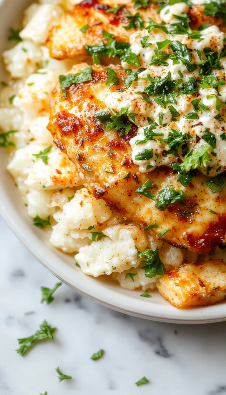 A vibrant plate featuring fluffy white rice topped with sliced baked chicken, drizzled with creamy tzatziki sauce, garnished with fresh herbs and cucumber slices, all served on a white plate with colorful vegetables in the background, creating a fresh, inviting Mediterranean presentation.