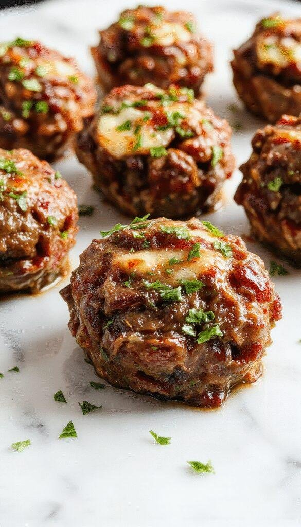 Close-up of golden-brown beef bites glazed with garlic butter sauce, garnished with fresh herbs, served on a rustic plate with a sprig of parsley, capturing a mouthwatering presentation with crispy edges and tender interior.