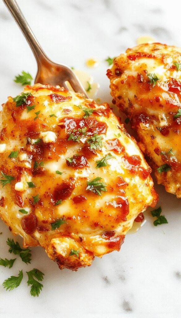 A close-up of a vibrant plate featuring golden-brown grilled chicken topped with crumbled feta cheese and a drizzle of glossy honey, garnished with fresh herbs. The dish is styled on a rustic wooden table with a sprinkle of red pepper flakes, showcasing textures from crispy chicken to creamy feta and sticky honey glaze.