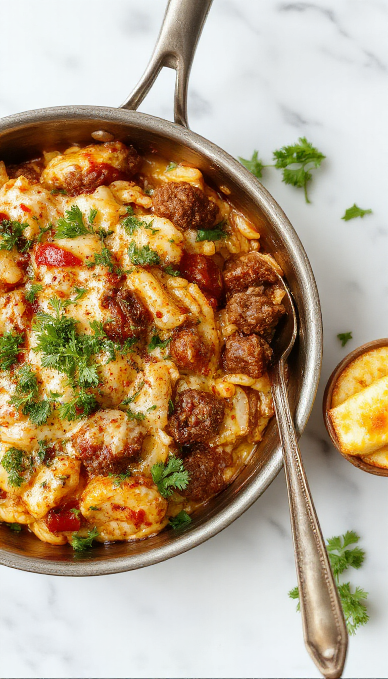 A vibrant skillet of cheeseburger orzo featuring fluffy orzo pasta topped with melted cheddar cheese, chopped pickles, and fresh parsley, all cooked in a single pan with a rich tomato sauce and seasoned ground beef. The skillet is styled on a rustic wooden table with a spatula nearby, highlighting the cozy, homestyle atmosphere.