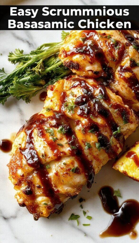 Colorful plated dish featuring golden-brown chicken breasts glazed with dark balsamic sauce, garnished with fresh herbs, served with roasted vegetables on a rustic white plate, vibrant and appetizing.