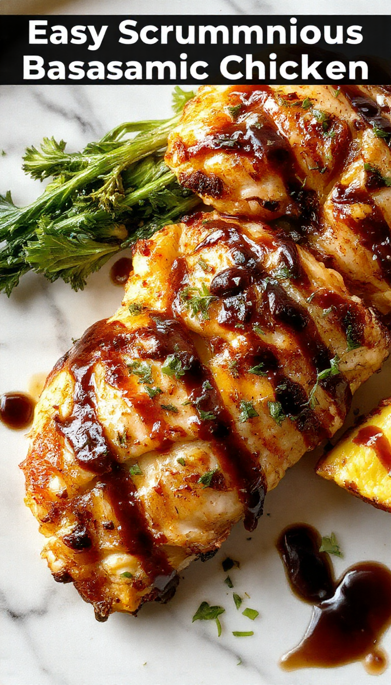 Colorful plated dish featuring golden-brown chicken breasts glazed with dark balsamic sauce, garnished with fresh herbs, served with roasted vegetables on a rustic white plate, vibrant and appetizing.