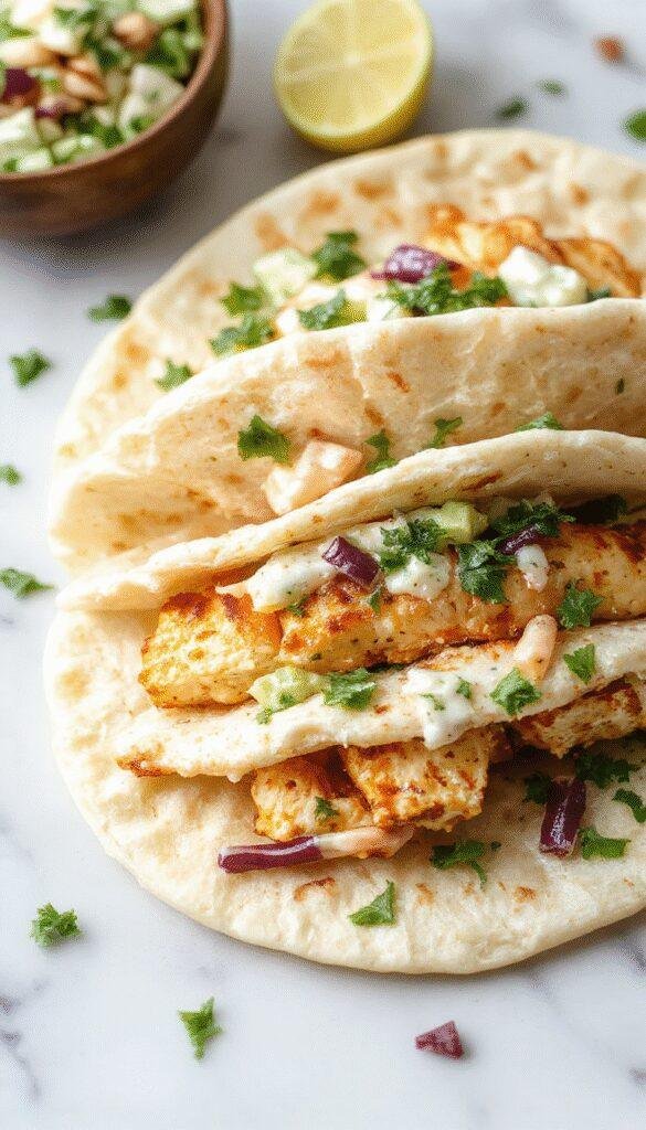 Colorful plated dish featuring golden-brown sheet pan chicken thighs tucked inside soft pita bread, topped with vibrant fresh herb ranch slaw. The dish showcases textures of crispy chicken, creamy ranch, and crisp fresh vegetables, styled on a rustic wooden table with sprigs of herbs around for a fresh vibe.