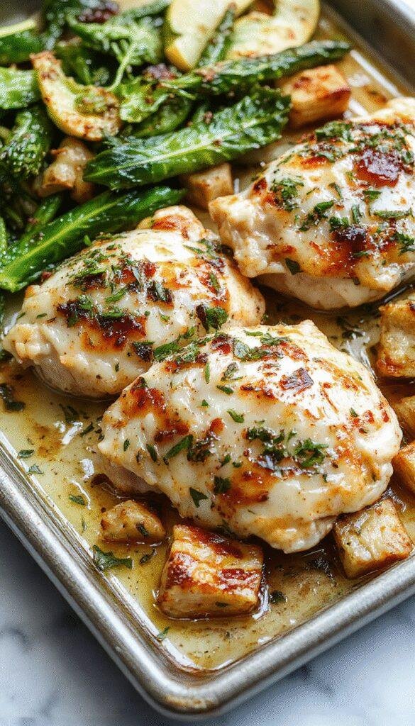 A vibrant plate featuring golden-brown garlic butter chicken breasts surrounded by colorful roasted vegetables including carrots, bell peppers, and green beans, all arranged neatly on a sleek white rectangular dish with a sprig of fresh herbs on top.