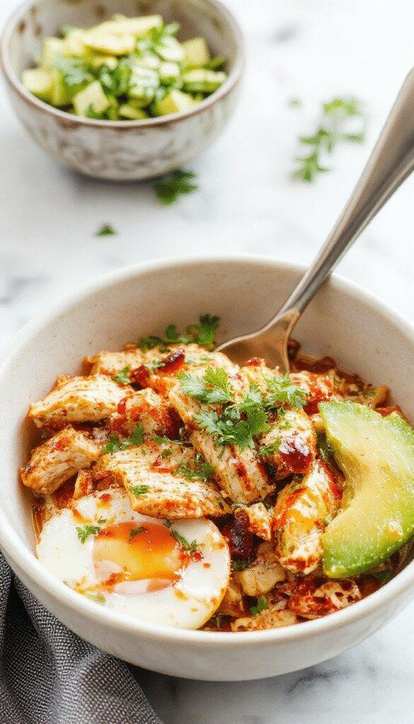 A vibrant chicken burrito bowl plated on a rustic white dish topped with colorful diced tomatoes, fresh cilantro, shredded cheese, and a dollop of sour cream. The bowl features tender shredded chicken, fluffy rice, black beans, and sliced avocado, all garnished with lime wedges and a sprinkle of chopped herbs. The presentation emphasizes bright, appetizing colors and diverse textures, styled for an inviting food photo.