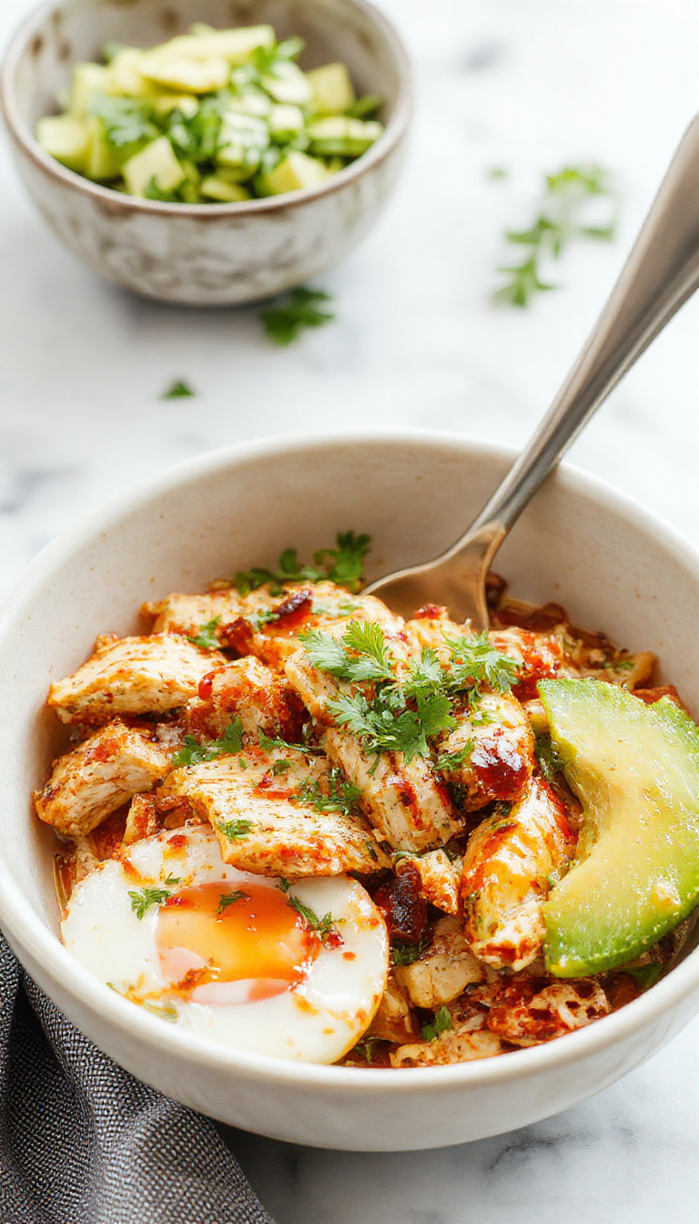 A vibrant chicken burrito bowl plated on a rustic white dish topped with colorful diced tomatoes, fresh cilantro, shredded cheese, and a dollop of sour cream. The bowl features tender shredded chicken, fluffy rice, black beans, and sliced avocado, all garnished with lime wedges and a sprinkle of chopped herbs. The presentation emphasizes bright, appetizing colors and diverse textures, styled for an inviting food photo.