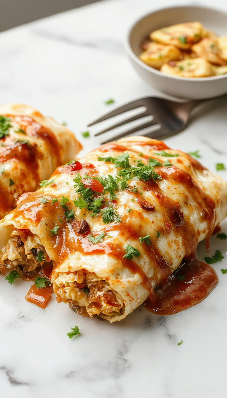 A vibrant plate of shredded chicken enchiladas topped with melted cheese, garnished with chopped cilantro and sliced jalapenos, served on a white ceramic dish with a colorful background.