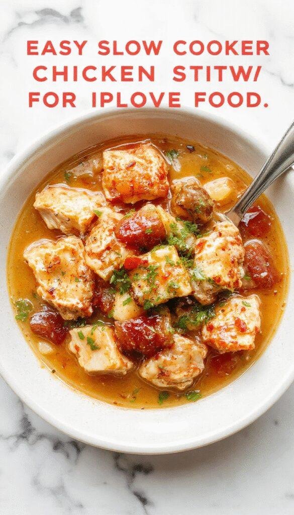 A steaming bowl of hearty chicken stew with tender chicken pieces, vegetables like carrots and potatoes, and a rich broth, garnished with fresh herbs, served in a rustic white bowl with a spoon, with a backdrop of a wooden table and fresh ingredients.