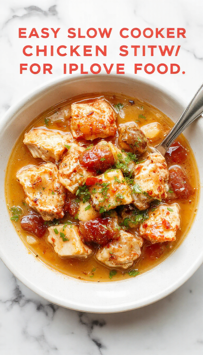 A steaming bowl of hearty chicken stew with tender chicken pieces, vegetables like carrots and potatoes, and a rich broth, garnished with fresh herbs, served in a rustic white bowl with a spoon, with a backdrop of a wooden table and fresh ingredients.