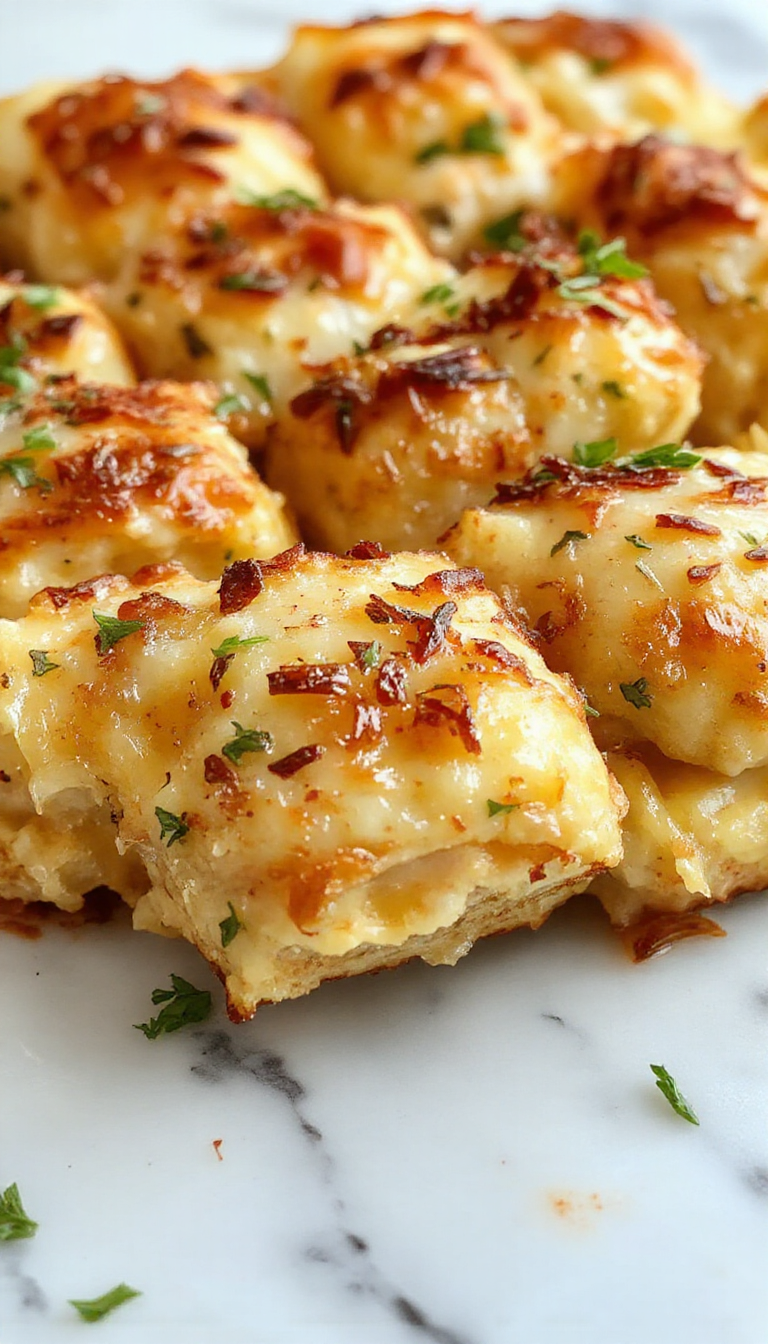 A colorful plate featuring a baked tater tot casserole with a golden, crispy topping and melted cheese bubbling around the edges, garnished with chopped herbs, served on a rustic wooden table with a fork and a side salad.
