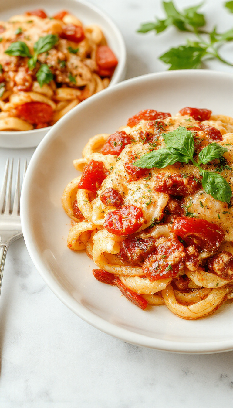A bowl of creamy tomato pasta topped with fresh basil and grated cheese, served on a rustic wooden table for a quick weeknight dinner.
