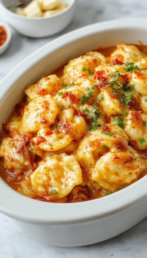 A bubbling cheesy ravioli bake in a slow cooker with melted cheese and fresh herbs on top.