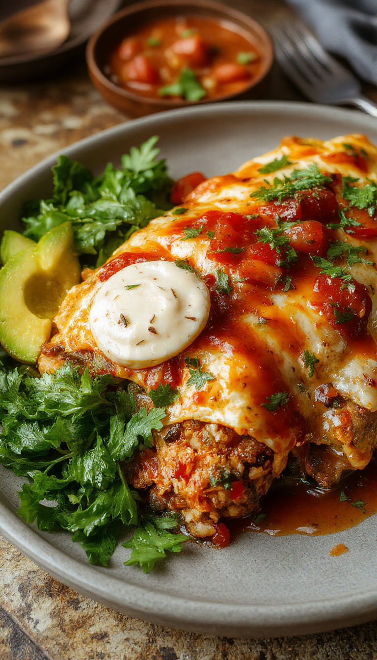 A colorful plate featuring layers of enchiladas with melted cheese, savory sauce, and fresh cilantro garnish, ready to serve.