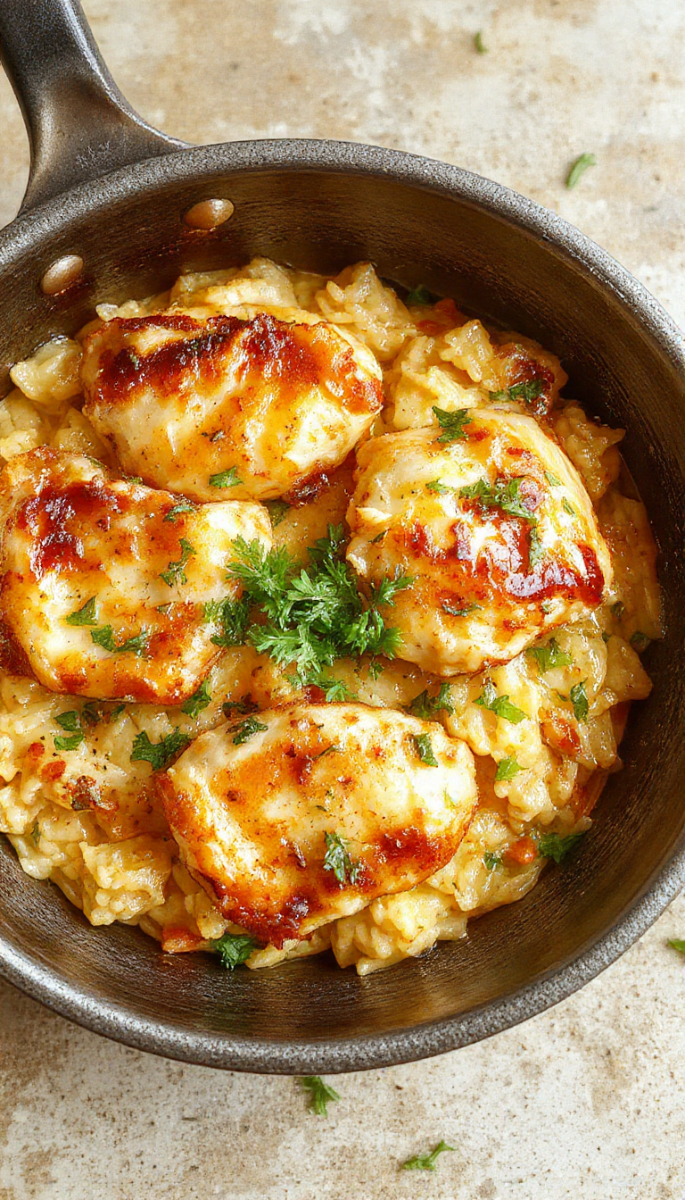 A delicious one-pan meal featuring golden roasted chicken served with fluffy rice, garnished with herbs and vegetables.