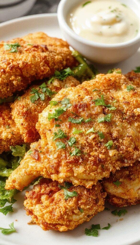 Golden crispy chicken strips arranged on a plate with a dipping sauce, garnished with herbs, showcasing their crunchy texture.