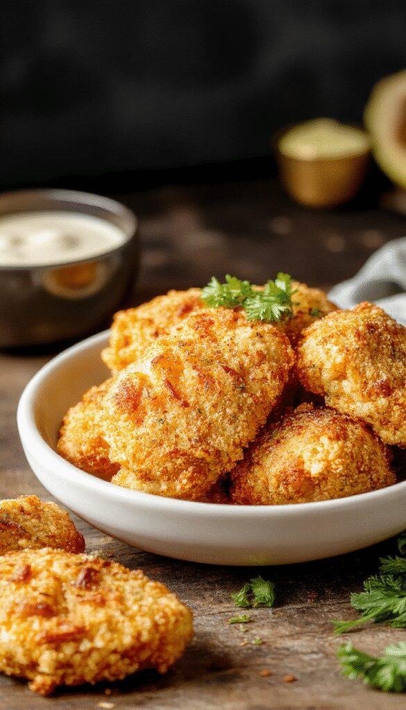 Golden crispy chicken tenders arranged on a plate with dipping sauce, crispy texture and golden-brown coating, served with fresh vegetables.