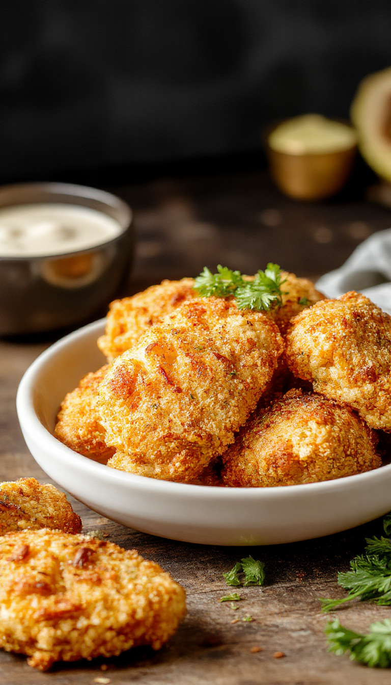 Golden crispy chicken tenders arranged on a plate with dipping sauce, crispy texture and golden-brown coating, served with fresh vegetables.