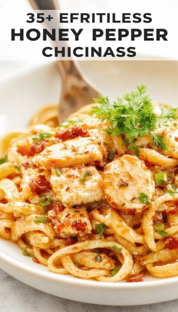 A plate of Honey Pepper Chicken Pasta topped with fresh herbs, showcasing tender chicken pieces, al dente pasta, and a glossy honey-pepper sauce.