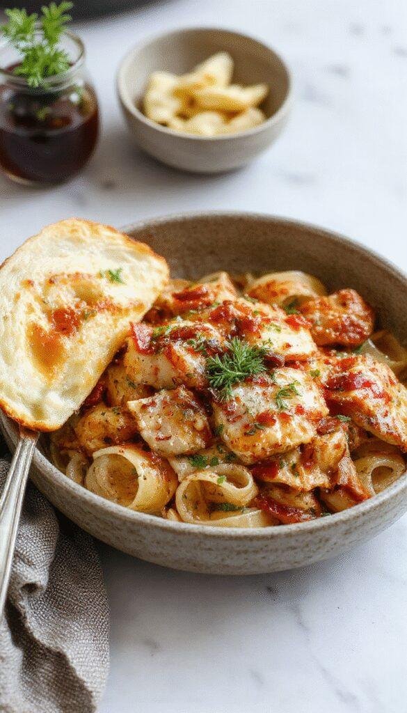 A vibrant plate of honey pepper chicken pasta garnished with fresh herbs, showcasing tender chicken pieces mixed with al dente pasta and colorful vegetables.