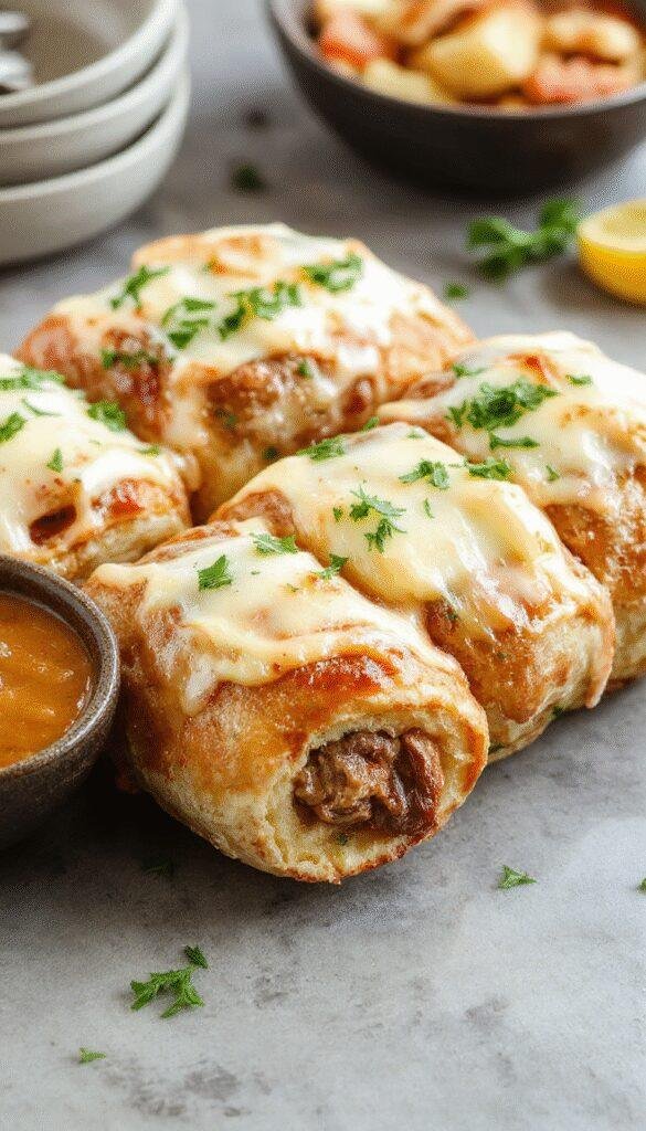 Golden keto Philly cheesesteak rolls with melted cheese and sautéed beef in a crispy outer shell on a white plate.