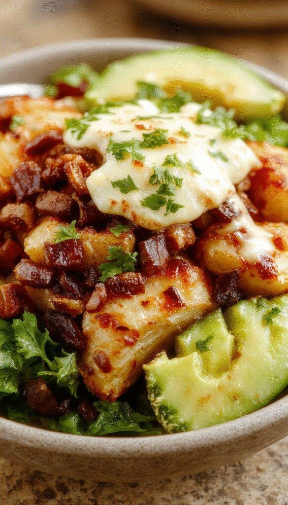 A colorful potato taco bowl with seasoned roasted potatoes, fresh toppings like lettuce, tomatoes, cheese, and avocado in a bowl