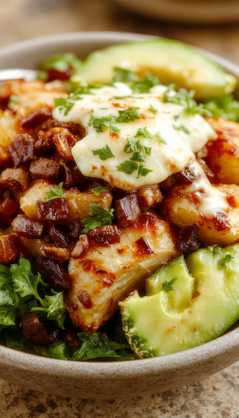A colorful potato taco bowl with seasoned roasted potatoes, fresh toppings like lettuce, tomatoes, cheese, and avocado in a bowl