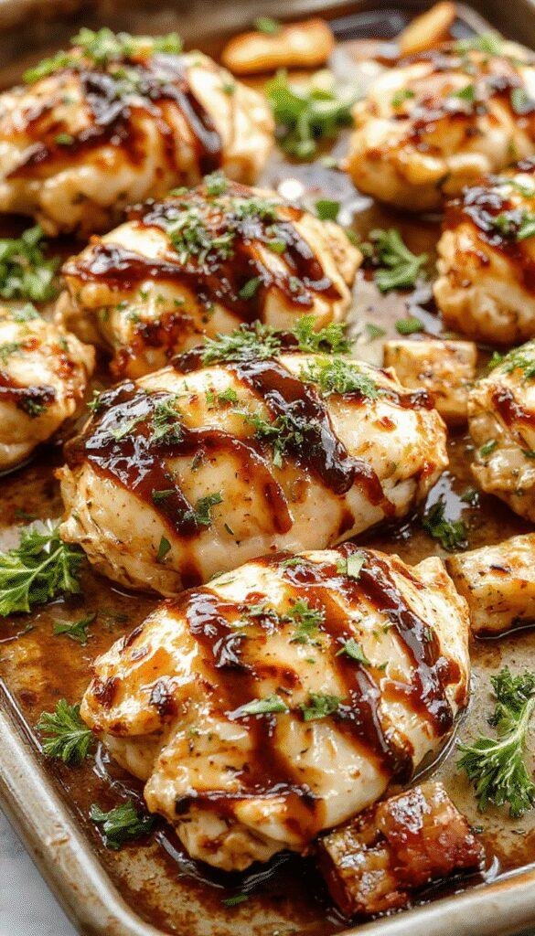 Juicy baked balsamic chicken breasts garnished with fresh herbs on a rustic sheet pan, surrounded by roasted vegetables.