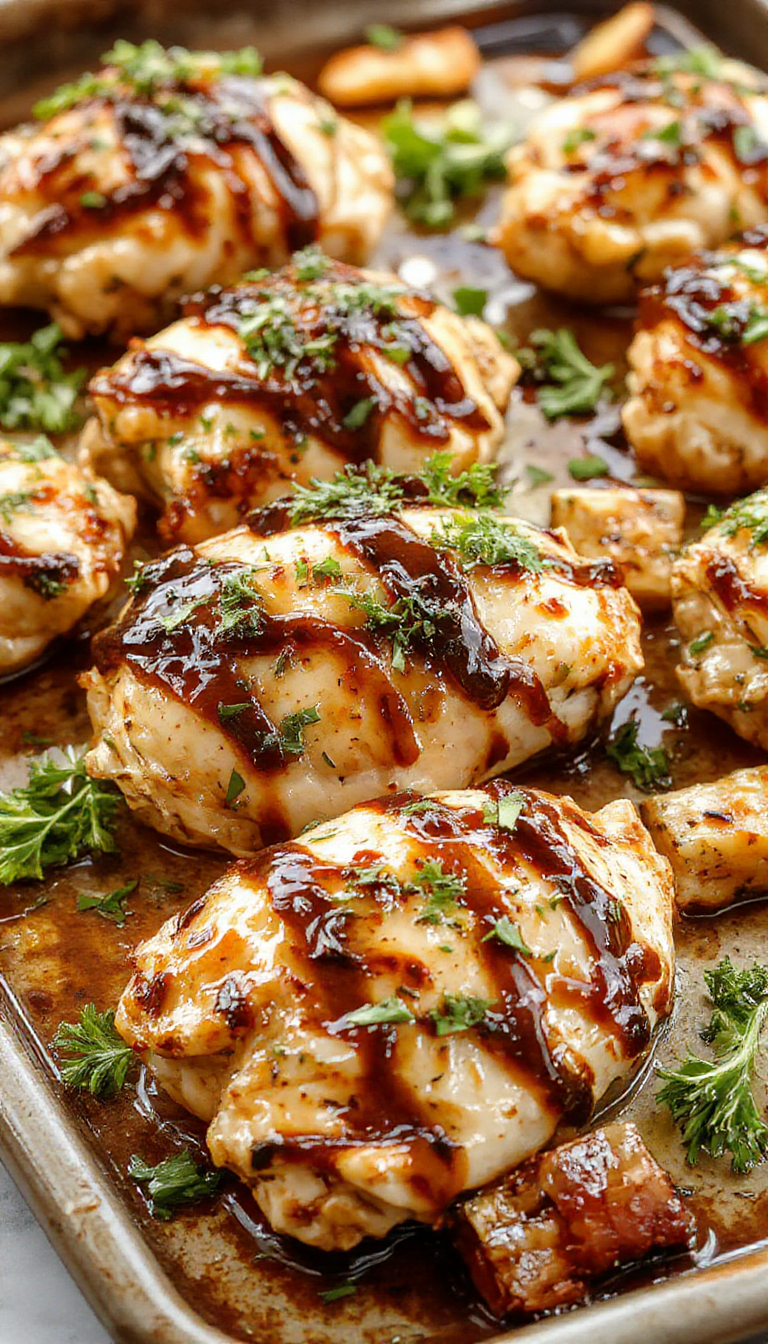 Juicy baked balsamic chicken breasts garnished with fresh herbs on a rustic sheet pan, surrounded by roasted vegetables.