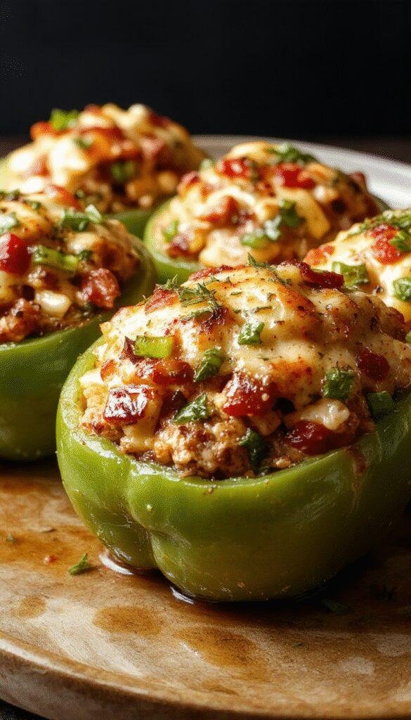Colorful stuffed bell peppers filled with rice, vegetables, and melted cheese served on a plate.