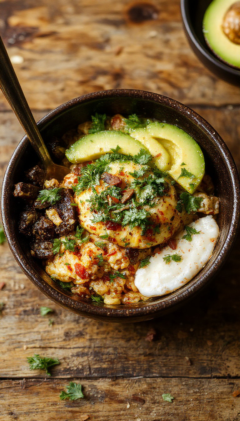 A colorful taco rice bowl topped with fresh vegetables, seasoned ground beef, and garnished with herbs, served in a deep bowl.