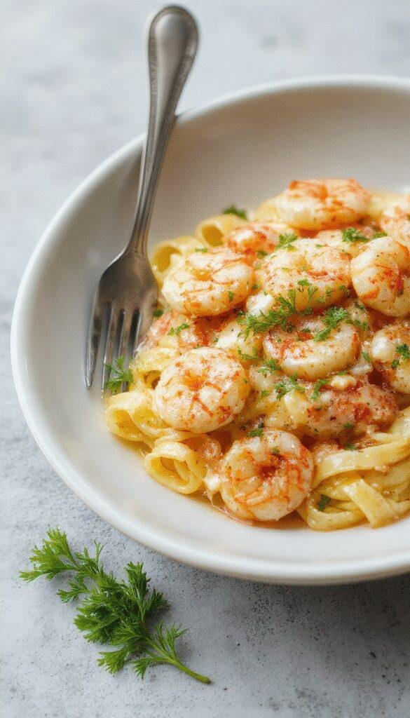 A bowl of creamy garlic shrimp pasta garnished with fresh herbs and lemon slices, showcasing tender shrimp and rich sauce.