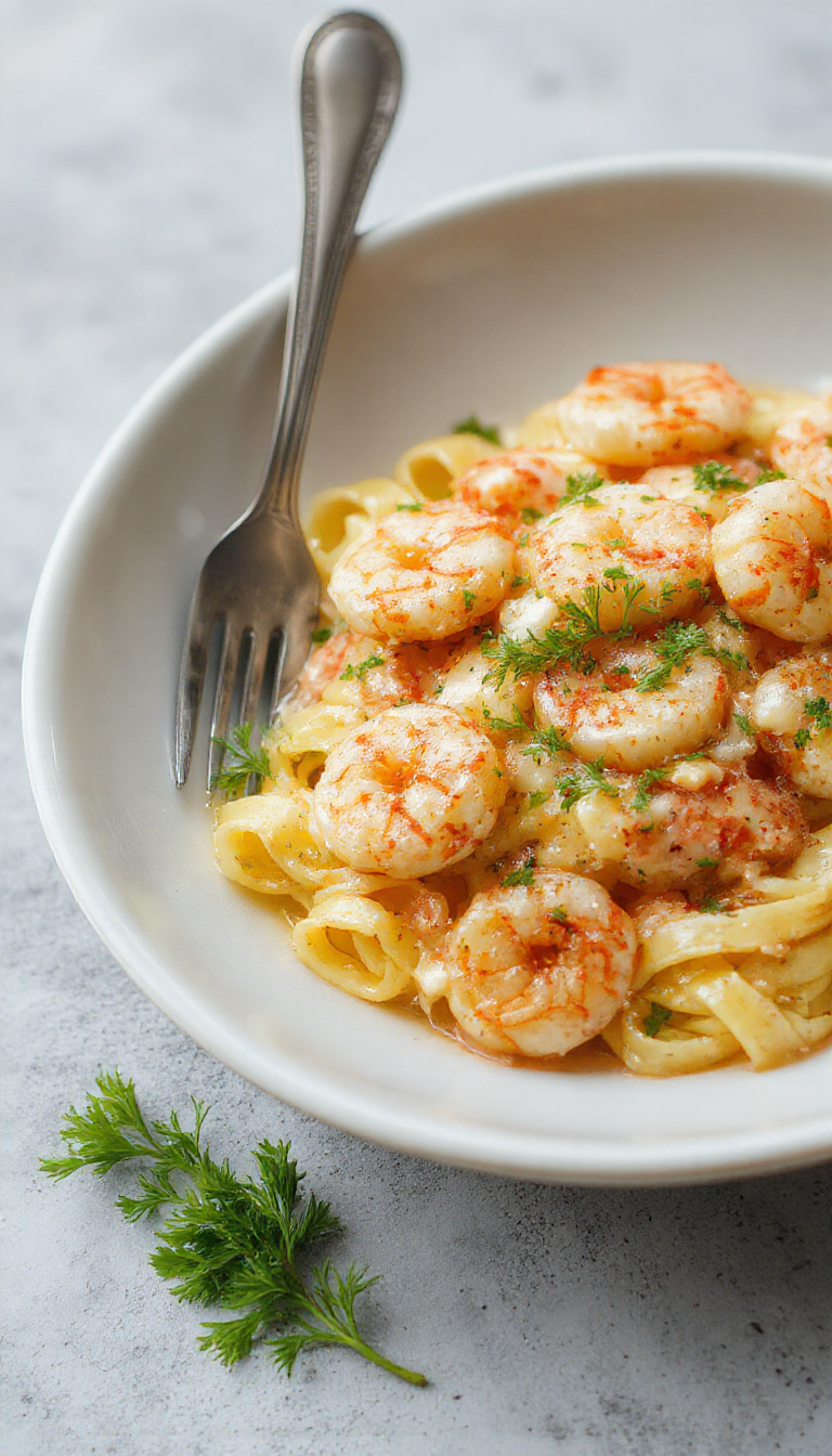A bowl of creamy garlic shrimp pasta garnished with fresh herbs and lemon slices, showcasing tender shrimp and rich sauce.