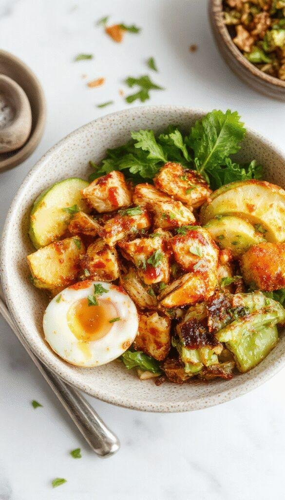 A vibrant Firecracker Chicken Bowl with crispy chicken pieces, colorful vegetables, and spicy sauce in a bowl.