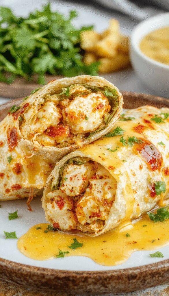 Close-up of cheesy garlic chicken wraps filled with tender chicken, melted cheese, and fresh greens, wrapped in a soft tortilla.