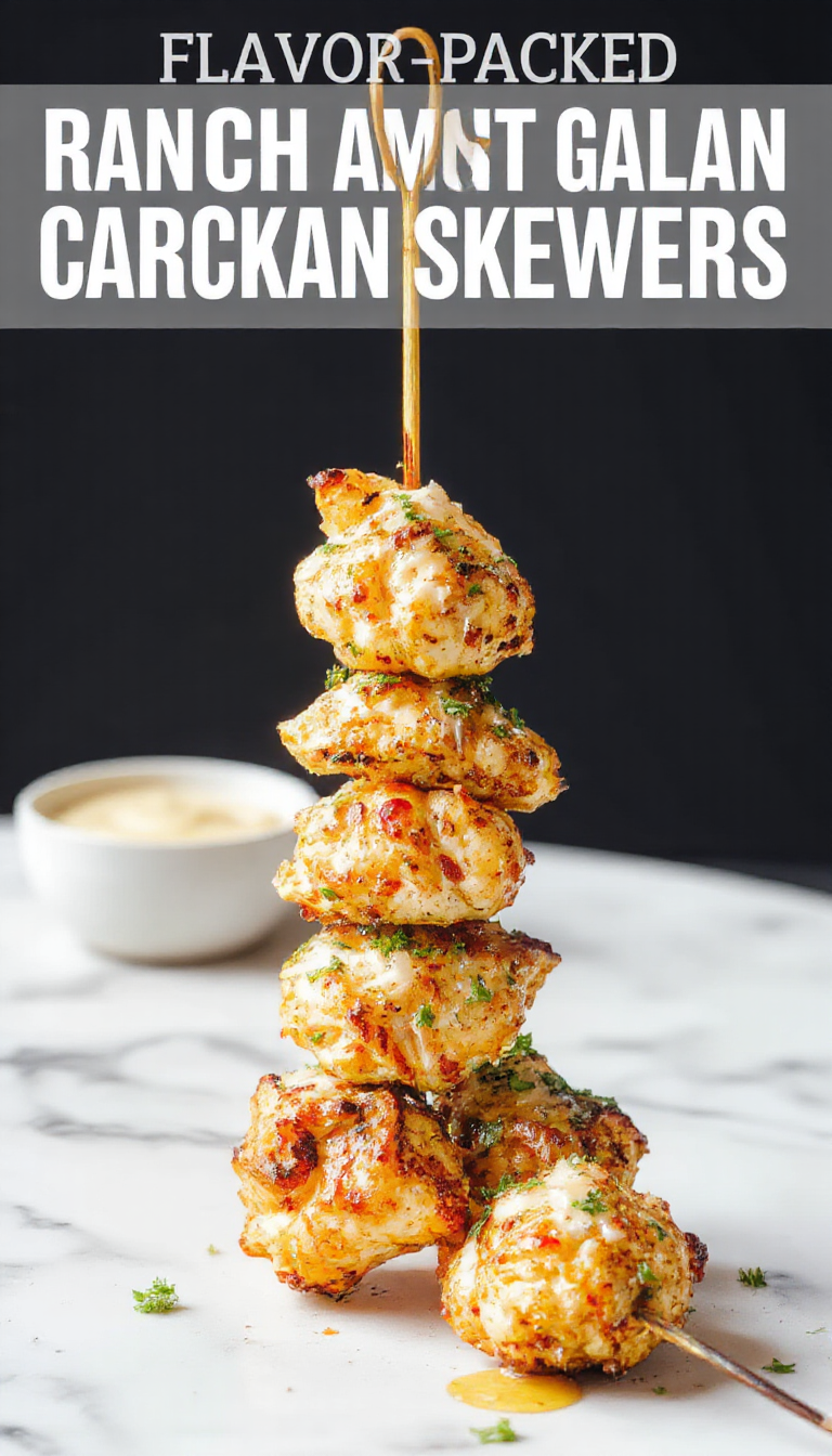 Colorful grilled chicken skewers with golden-brown char marks, topped with fresh herbs and grated Parmesan cheese, served on a white platter with side vegetables, vibrant red and green peppers, and a drizzle of ranch dressing, styled for a rustic outdoor dining scene.