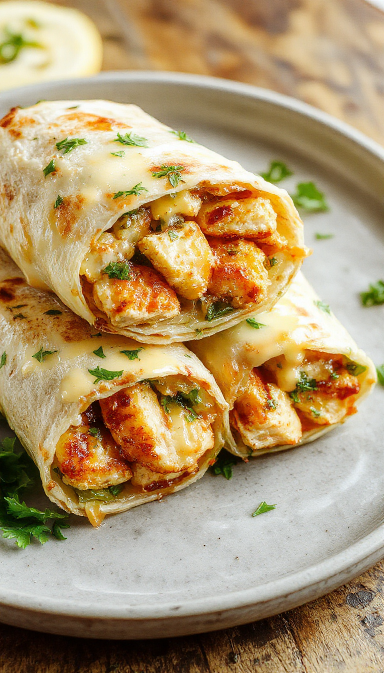 A plate of savory cheesy garlic chicken wraps filled with tender chicken, melted cheese, and fresh herbs, sliced to reveal the gooey interior.