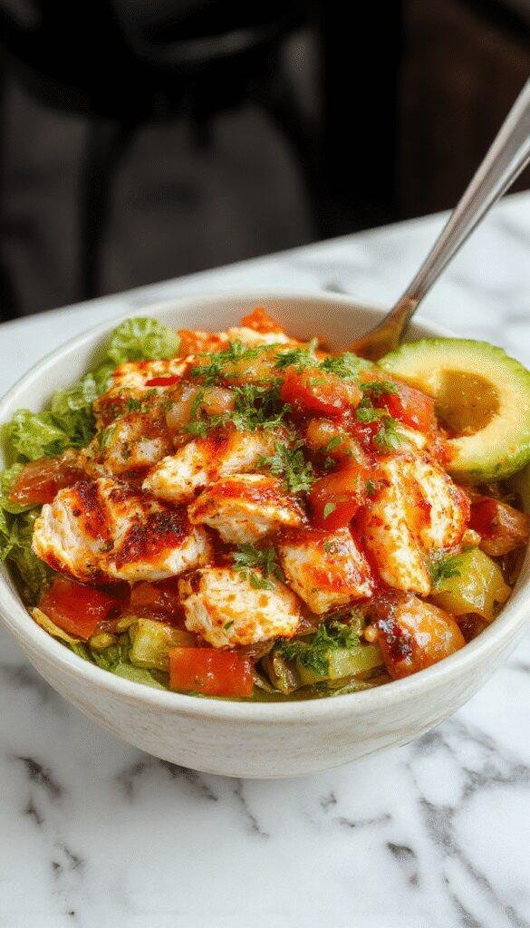 A vibrant chicken burrito bowl featuring grilled sliced chicken, colorful bell peppers, corn, black beans, diced tomatoes, and fresh avocado slices arranged in a white ceramic bowl, topped with shredded cheese and chopped cilantro. The bowl rests on a rustic wooden surface with a side of lime wedges and tortilla chips, with a backdrop of fresh ingredients and a drizzle of salsa for a lively, appetizing presentation.