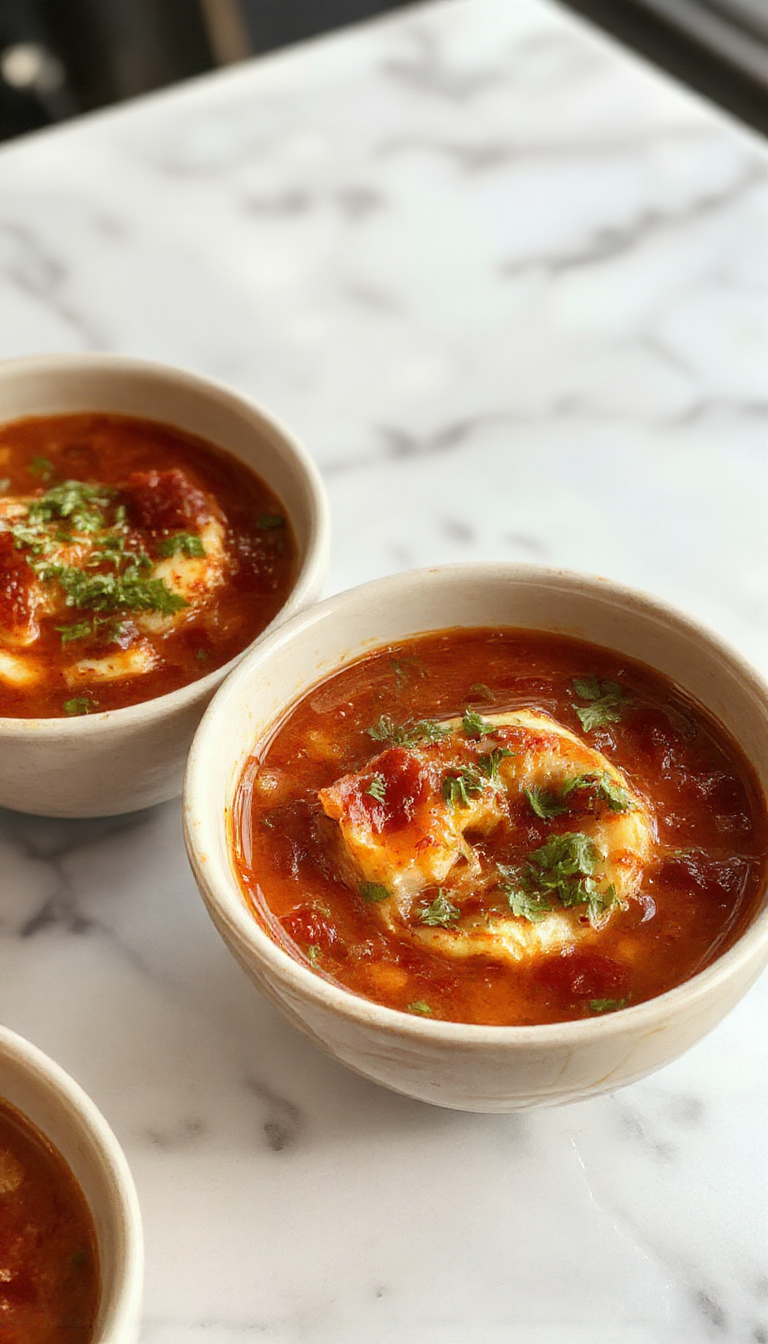 A vibrant bowl of chile relleno soup garnished with fresh cilantro, topped with melted cheese and slices of roasted poblano peppers, served with crispy tortilla chips on a rustic wooden table with colorful ingredients in the background