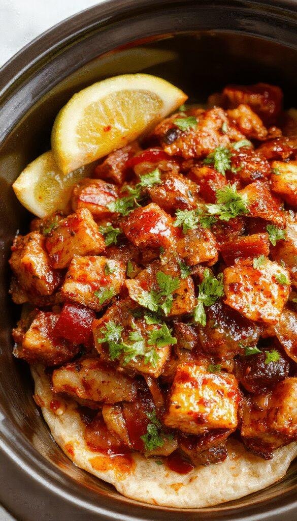 Colorful plate of slow cooker fajitas with sizzling seasoned beef, vibrant bell peppers, onions, and warm tortillas garnished with fresh cilantro.