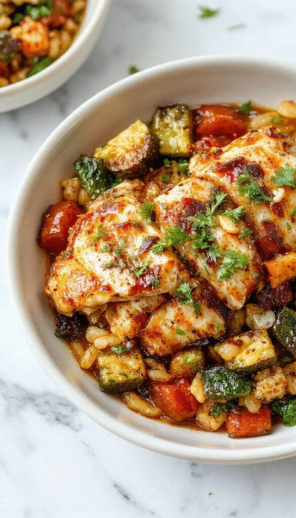 A vibrant dish featuring tender balsamic chicken pieces atop creamy orzo pasta mixed with colorful roasted vegetables including cherry tomatoes, zucchini, and bell peppers, garnished with fresh herbs on a rustic wooden table.