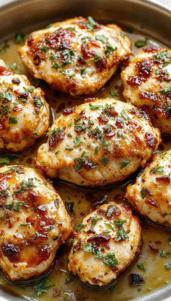 A plate of tender Cajun chicken garnished with fresh herbs and sliced garlic, served with vibrant vegetables and rice.