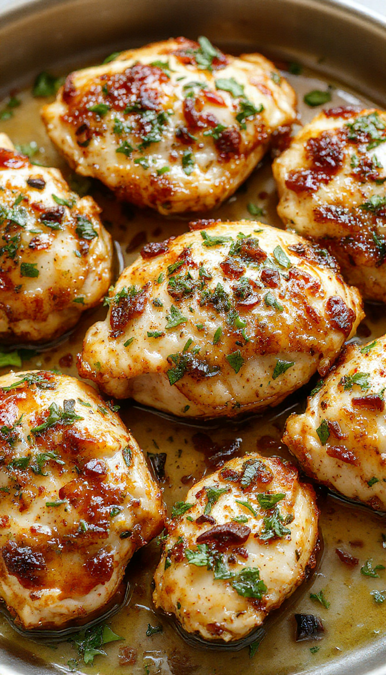 A plate of tender Cajun chicken garnished with fresh herbs and sliced garlic, served with vibrant vegetables and rice.